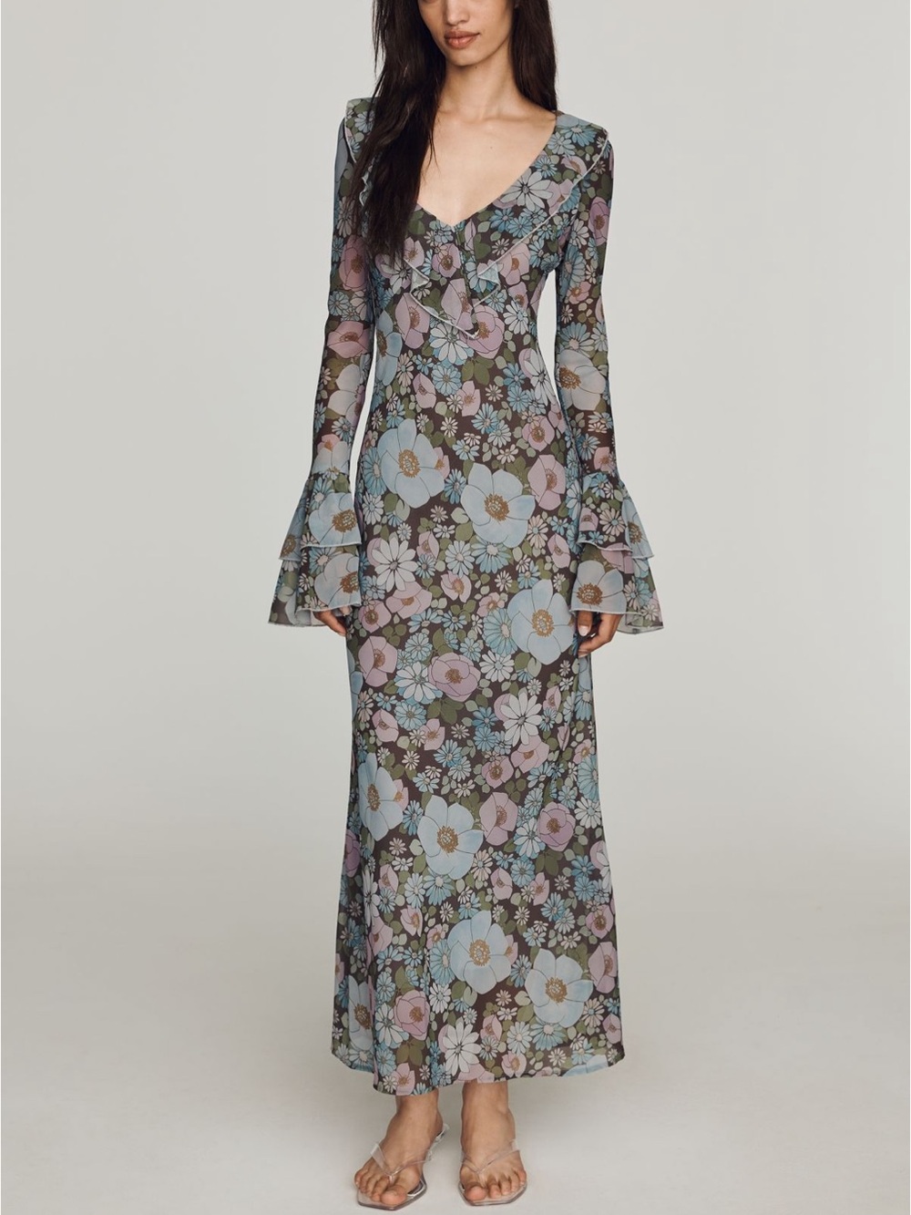 Sister New York Shellona Maxi Ruffle Bell Sleeve Dress in Vintage Floral Medium - Picture 7 of 16